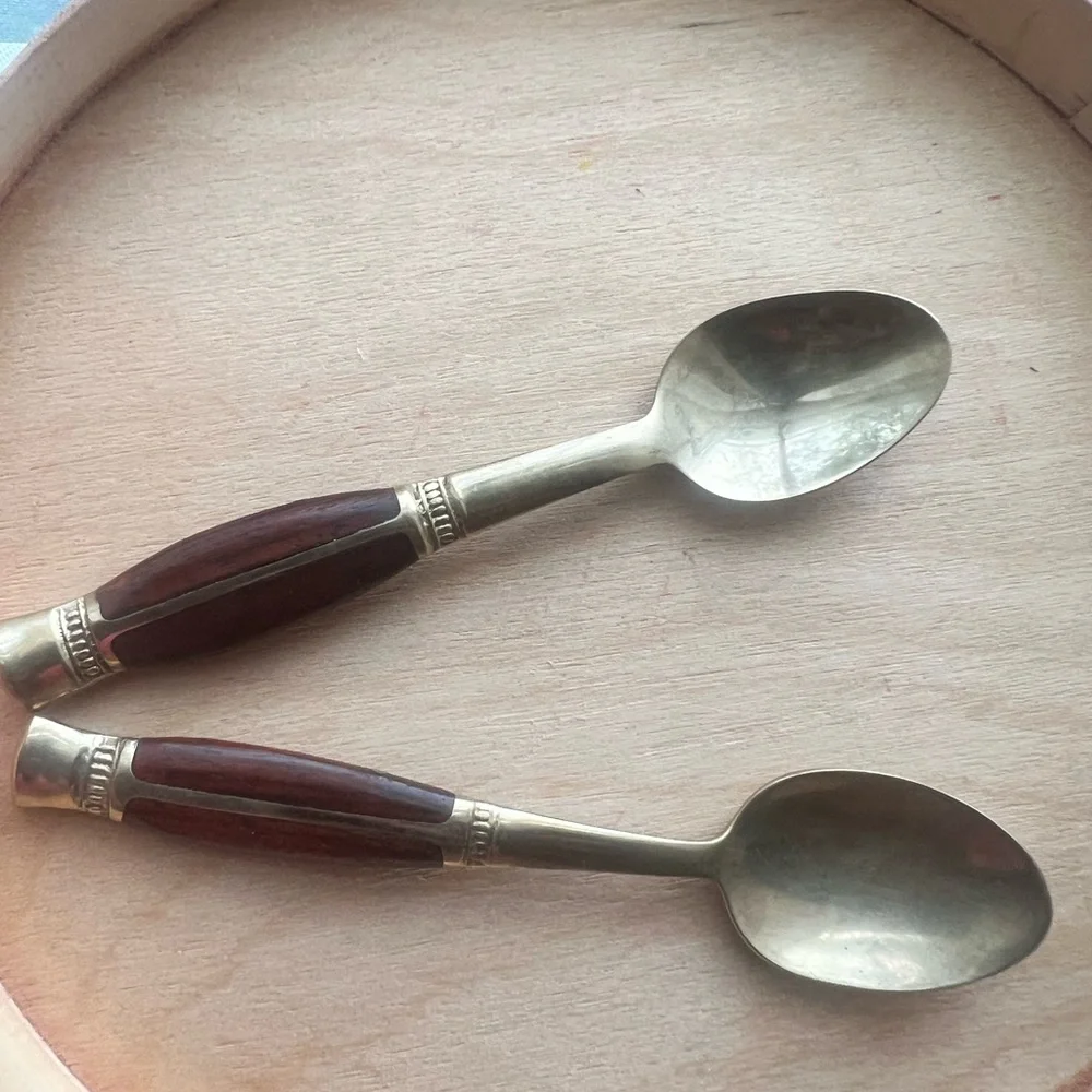 VTG Brass Rosewood Inlay Demitasse Spoons (x2) Stamped Thailand